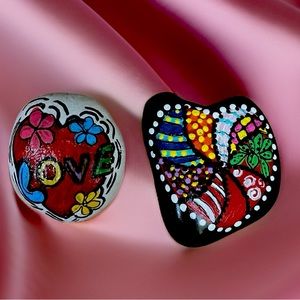Hand crafted painted heart Love rocks set of 2 black red pink white dot floral